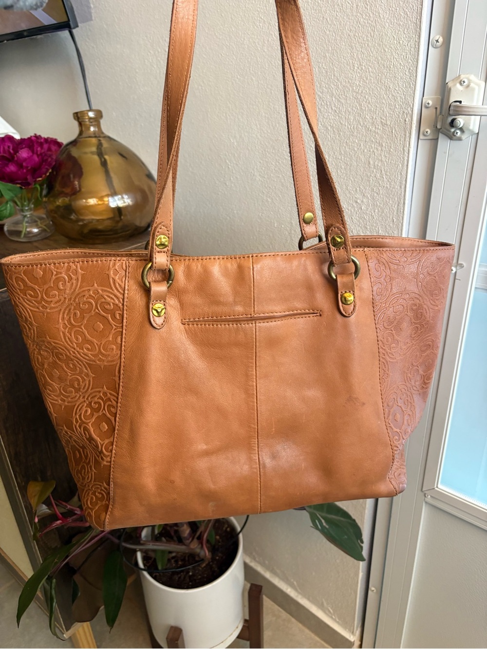 The Sak Sienna Leather Tote Handbag with Tassel Accent Tan Cognac - Picture 3 of 10